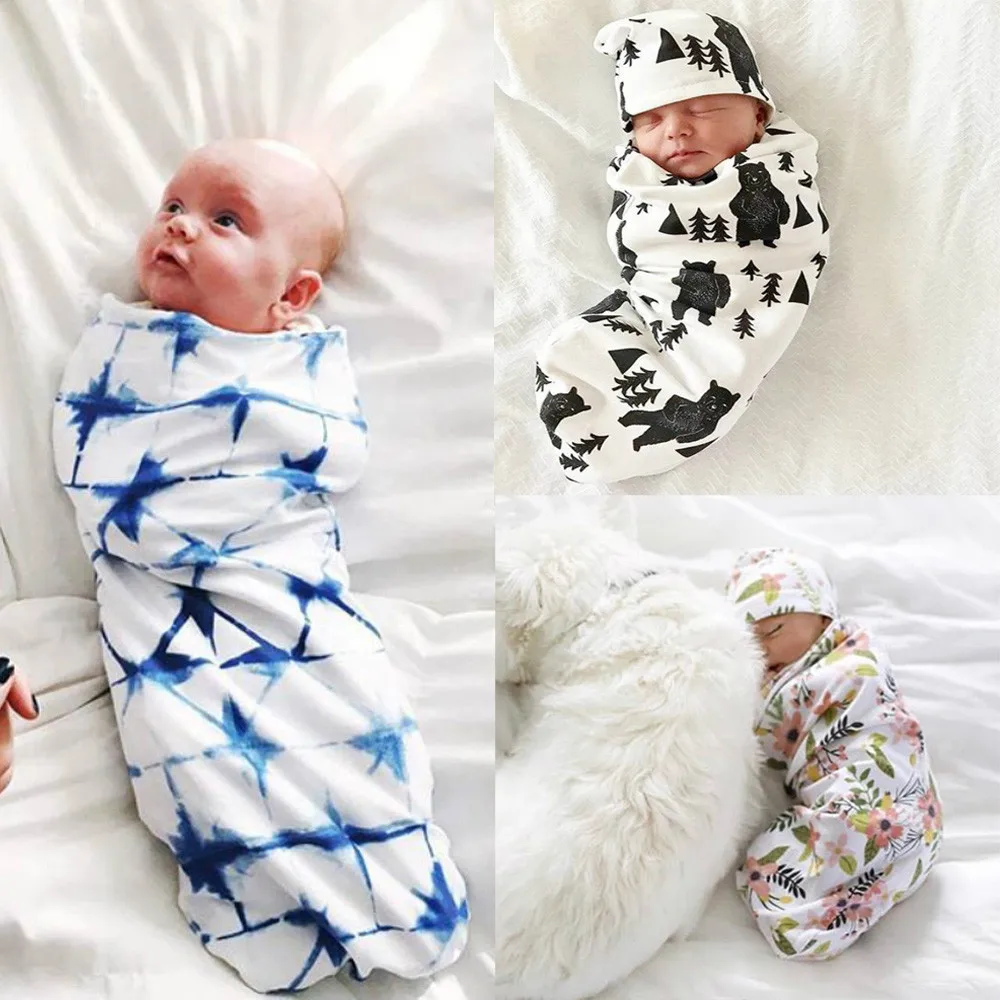 

Newborn Baby Boy Sack Swaddle Sleeping Swaddle Muslin Wrap Hat Set Printed Cotton Swaddling Blanket High quality 56x26cm