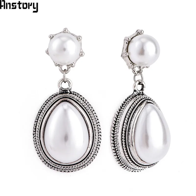 

Drop Pearl Earrings Stud For Women Antique Silver Plated Pendant Fashion Jewelry