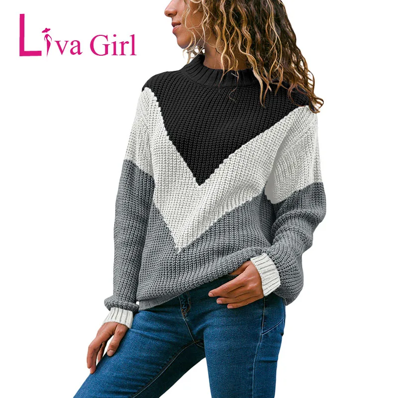 Liva Girl Winter Autumn Casual Knit Sweater For Women O Neck Long Sleeve Color Block Female Pullover Plus Size Sueter Mujer XXL | Женская