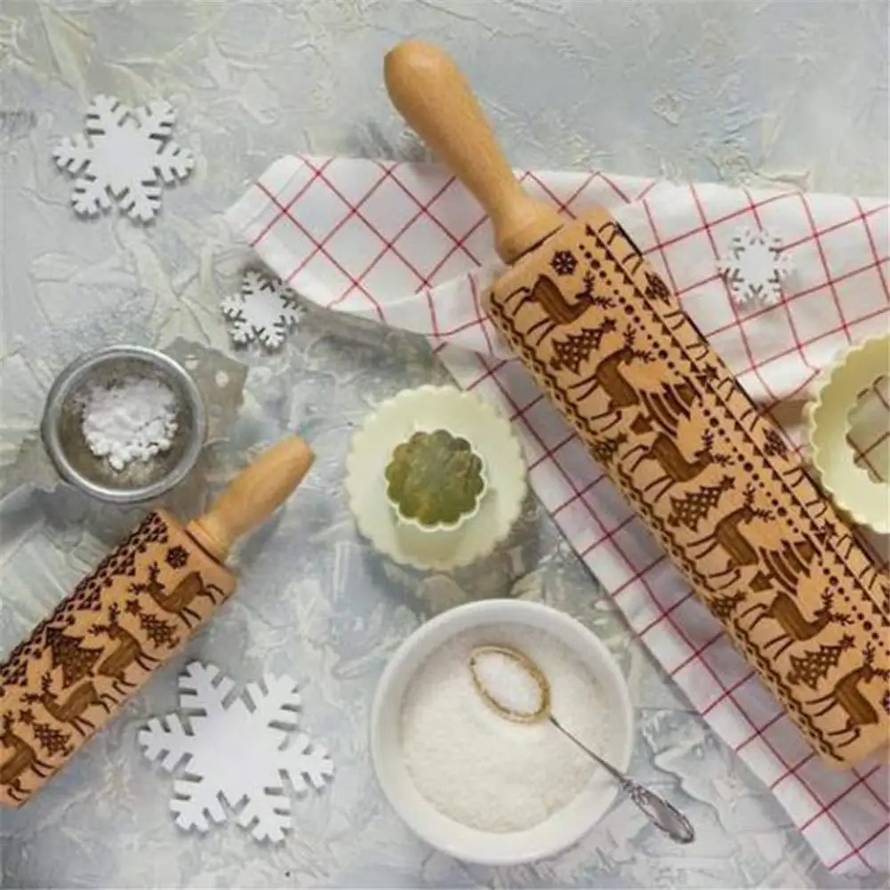Рождественская рельефная скалка для выпечки печенья, печенье, фондан, пирог, тесто с гравировкой, ролик оленей, деревянная скалка для тиснения