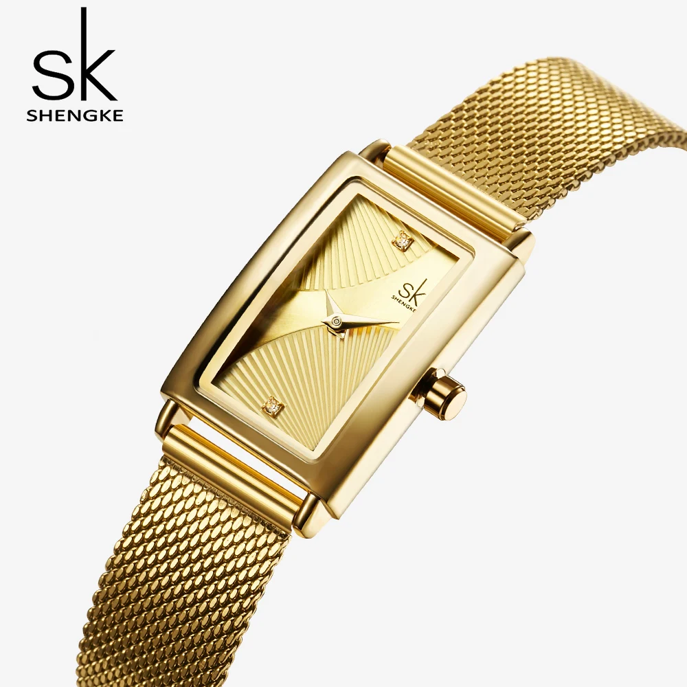 

Shengke Gold Luxury Women Watch Rectangle Fans Dial Mesh Strap Creative Quartz Japanese Ladies Wristwatches Relogio Feminino