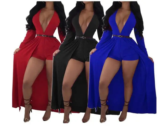 Sexy Women Playsuit Party Black Elegant V-neck Solid Cape Long