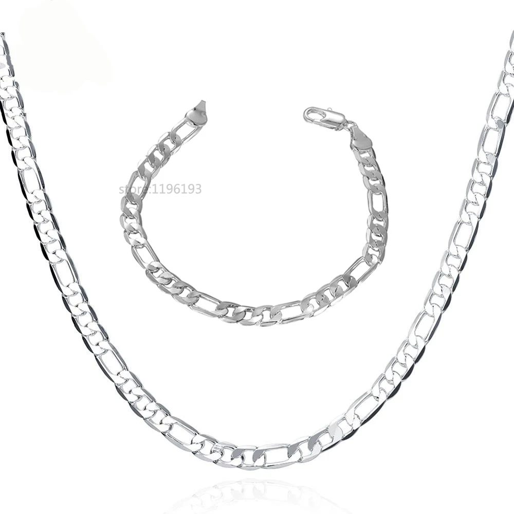Men's Jewelry Set Wholesale 925 Stamped Silver Plated 6MM Figaro Chain