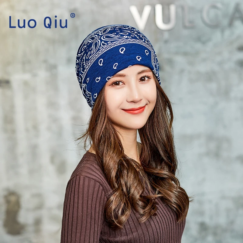 Women Cotton Print Turban Seamless Bandanas Camouflage Head Wrap Fashion Leaf Star Girl Beanie Neck Tube Sweat Hat Turbante Cap