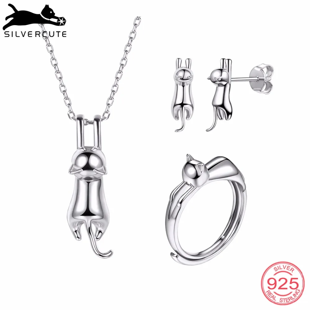SILVERCUTE 925 стерлингового серебра kitty Cat ожерелье серьги пуссеты кольцо набор