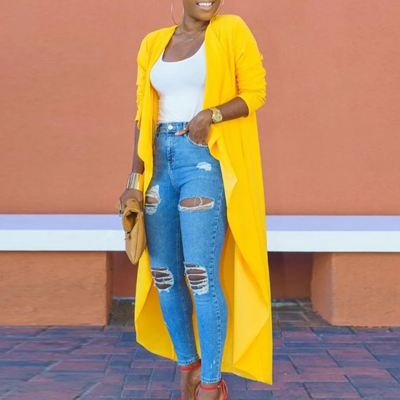 

Jacket Coat Maxi Dress Tops Irregular Yellow Ladies Outwear Autumn Women's Loose Long Sleeve Kimono Plain Waterfall