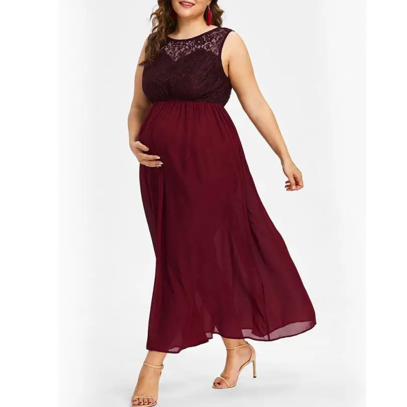 

Women O-Neck Plus Size Pregnant Maternity Sleeveless Nursing Lace Chiffon Dress Stylish Charming maternity clothes August 13