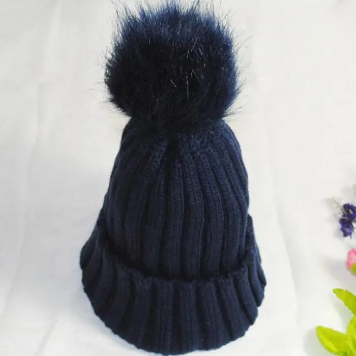 Fashion Women Faux Fur Ball Cap Pom Poms Winter Beanie Hat Knitted Warm Caps KNG88