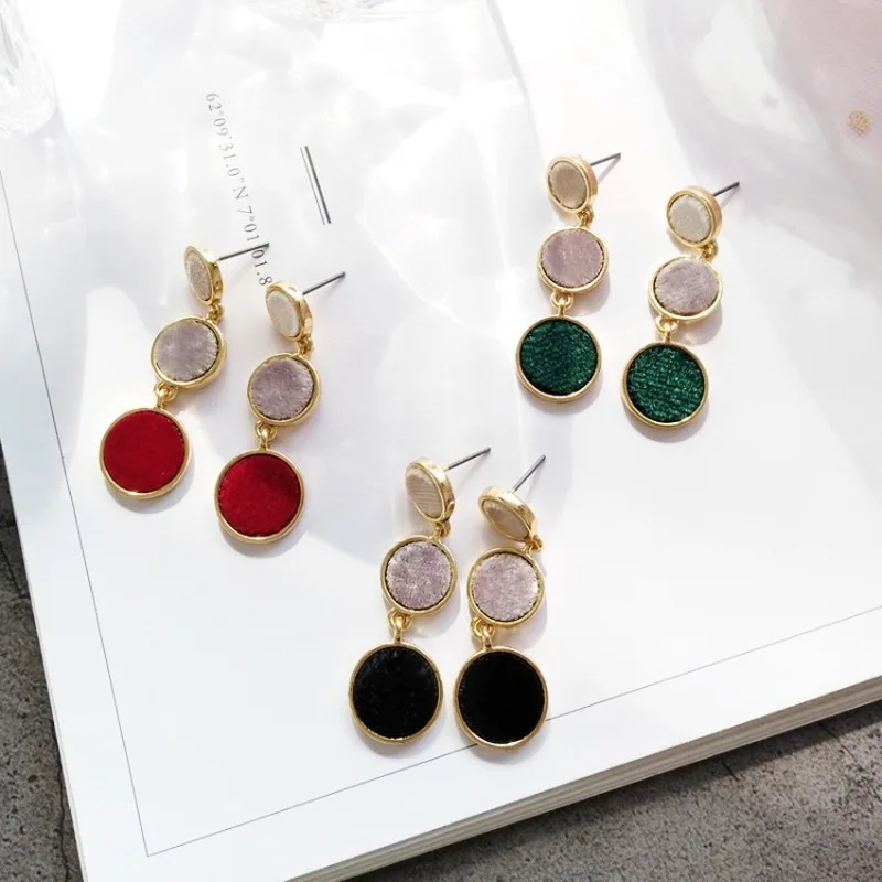 

Korean Fashion Simple Flannel Round Splice Pendant Long Clip Earrings Girl Women Charm Temperament Jewelry Accessories