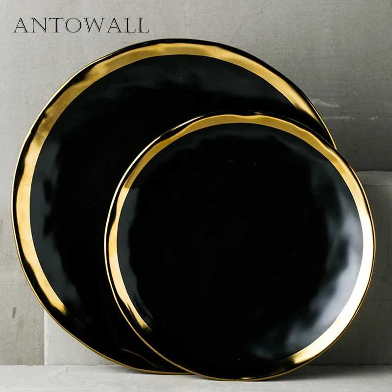 ANTOWALL Black Gold Ceramic Tableware Western Dish Retro Golden Edge