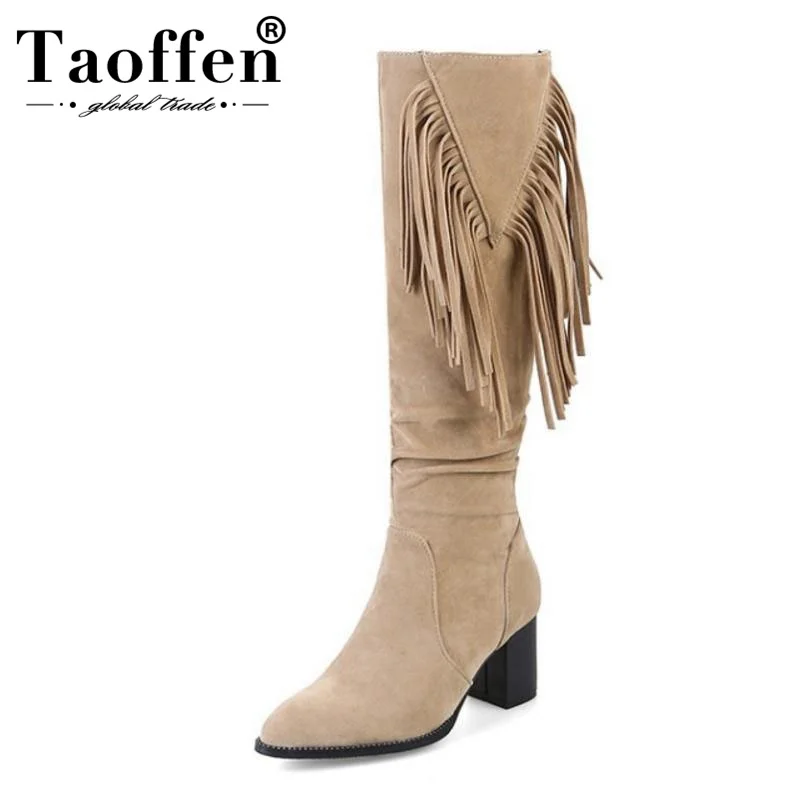 

TAOFFEN Plus Size 33-48 Women Winter Knee High Boots Fashion Fringes Warm Shoes Women Zipper Thick High Heels Plush Fur Boots