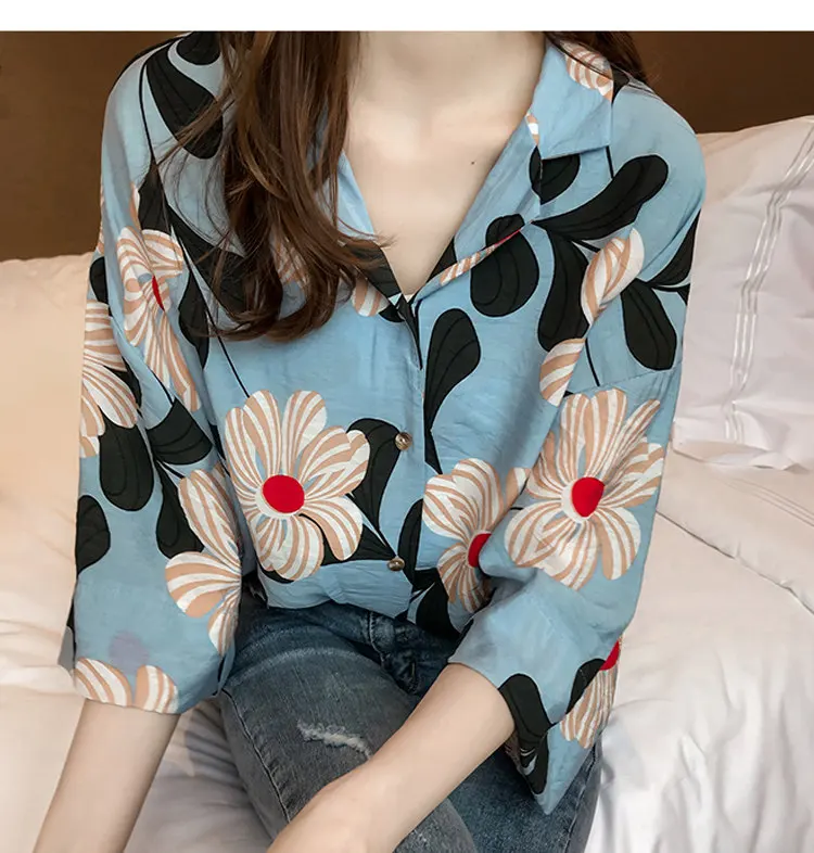 Summer Tops Women Blouses 2019 New Chic Flower Shirt Casual Chiffon Blusas Mujer Fashion Print Tops Plus Size Shirts Femme  (6)