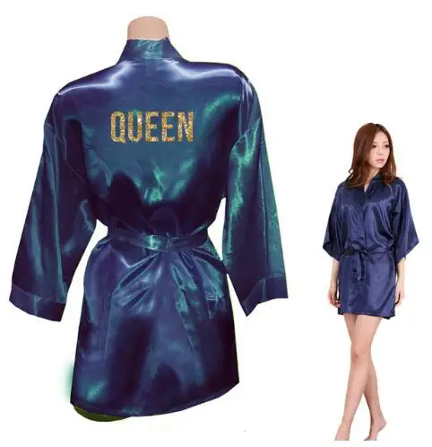 Королевское кимоно с золотыми блестками, халаты из искусственного шелка для женщин, девичник, халаты для мужчин, подарки для нее - Цвет: QUEEN navy