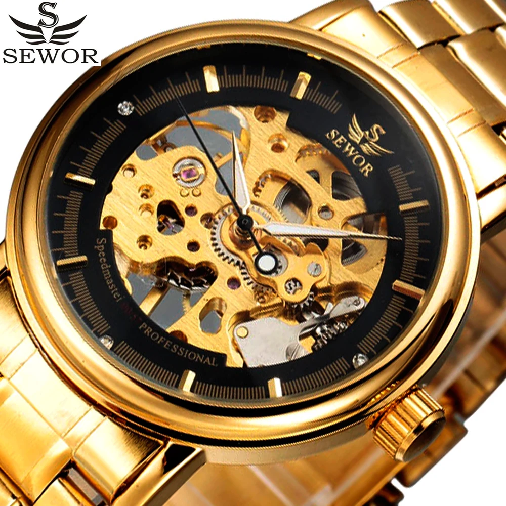 

SEWOR Full Stainless Steel Black Gold Watch Men Designer Mens Watches Top Brand Luxury Skeleton Mechanical Watch Clock Male