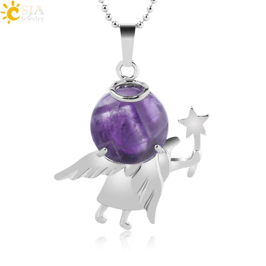 

CSJA Cute Angel Pendant Natural Stone Necklace Pink Quartz Purple Crystal Beads Pendants for Women Healing Fashion Jewelry F872
