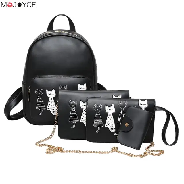 4pcs cute small cat printing backpack set for teenage girl black pu 4pcs cute small cat printing backpack set for teenage girl black pu leather women female backpack