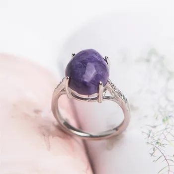 

Purple Genuine Natural Charoite Gemstone Crystal Fine Jewelry Silver Rings For Women Adjustable Size Design