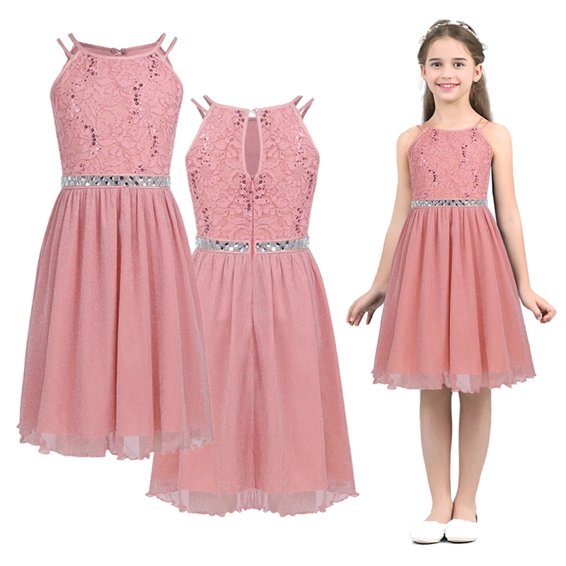 6-14 Years Kids Girls Sleeveless Sequined Floral Lace Shiny Princess Tulle Dress for Birthday Party Summer Prom Clothes