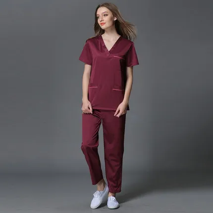 Лето г. Женщин больницы Медицинского Скраб комплект одежды стоматологическая клиника и салон красоты Медсестра равномерное модный дизайн Slim Fit - Цвет: women Maroon