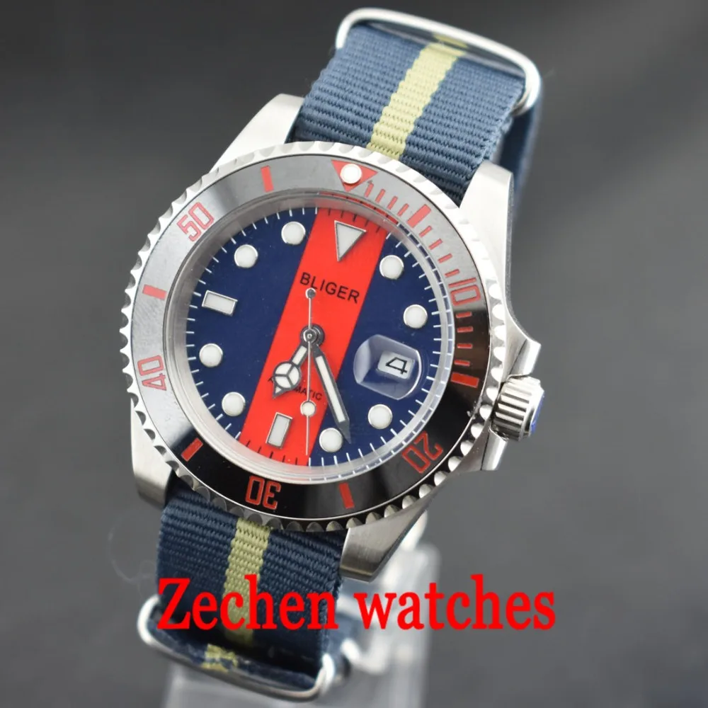

BLIGER 40mm mens watch Ceramic Bezel Luminous sapphire automatic Date Day blue red dial Nylon strap watch