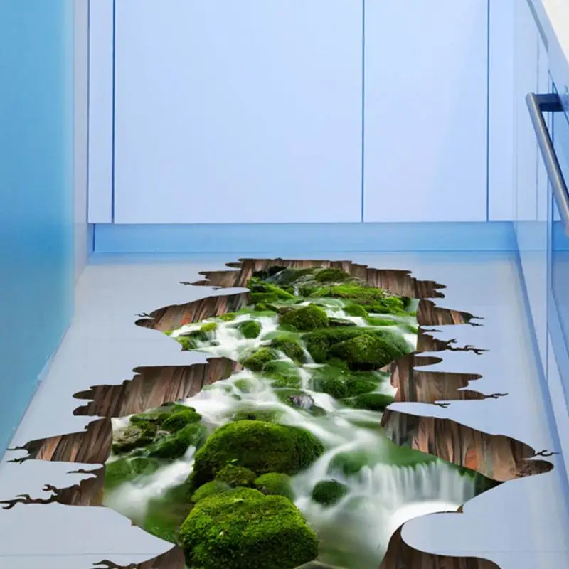 Водонепроницаемый 3D зеленый поток воды Ложные окна пол наклейки для детской комнаты наклейки 84*66 см пейзаж стены стикеры украшения дома