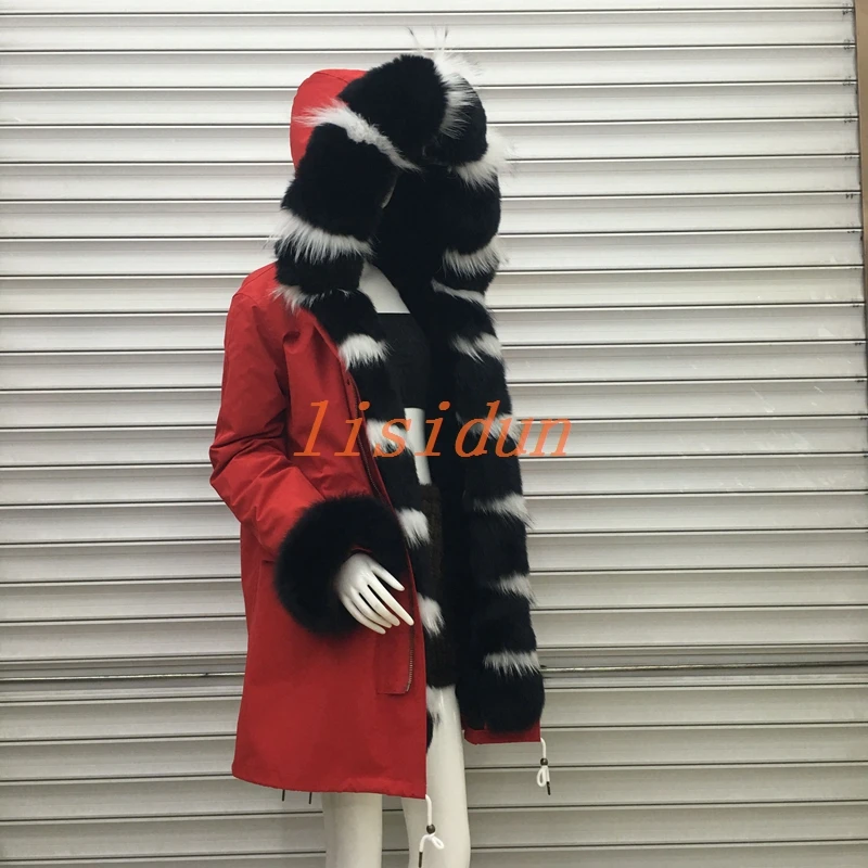 Survêtement Véritable Femmes Laveur Collier En Manteau Fourrure De Raton Naturel Grand Veste Parka Parkas 2018 Renard D'hiver Long Doublure Réel HBtqxx