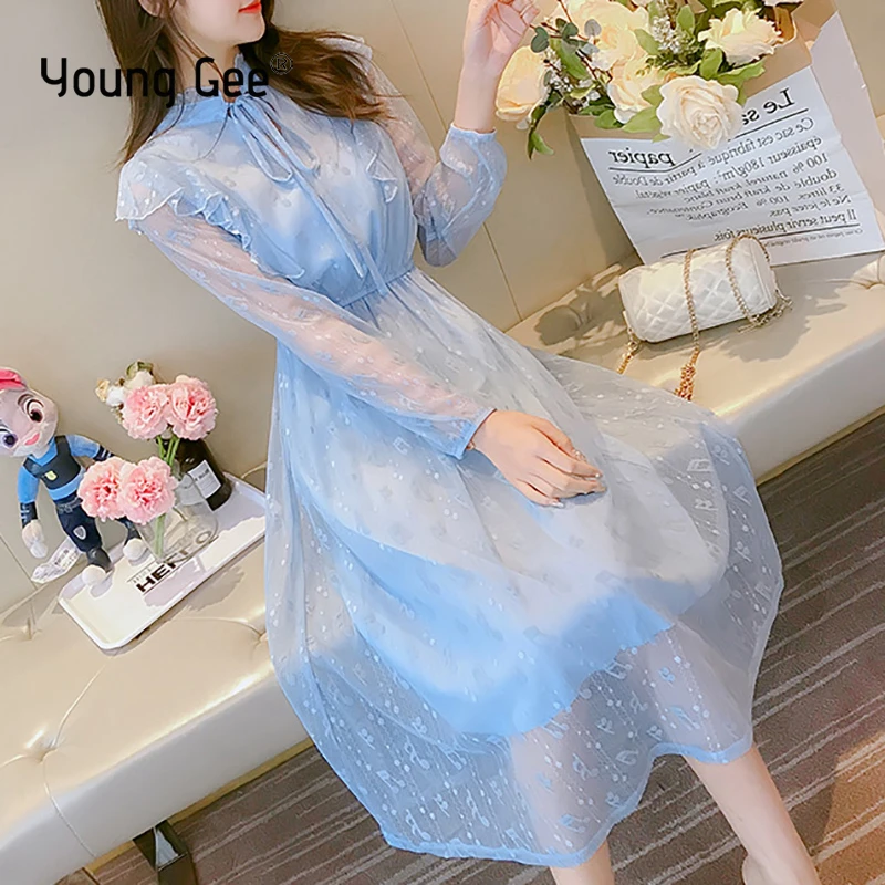 

Young Gee Mori Girl Women White Sheer Lace Musical Note Dress Chic Sweet Slim Vestidos Long Sleeve Elegant Preppy Midi Dresses