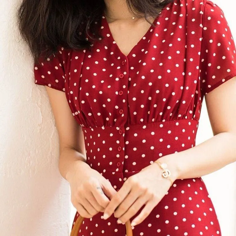 

Red Dot Women Sexy Dress V-Neck Short Sleeve Summer Button Bohemia Tunic Dresses Vacation Playa Ladies Casual Clothes
