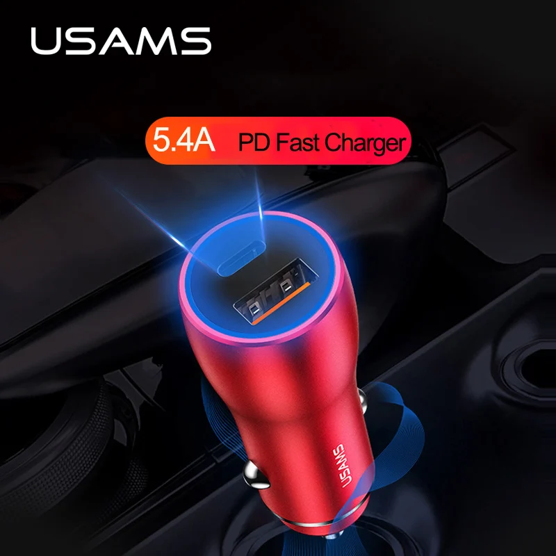 

USAMS Dual USB Port Qualcomm QC 3.0 Car Charger PD Quick Charger Car-charger PD+QC 3.0 2.0 Max 5.4A PD Flash Fast USB Charger