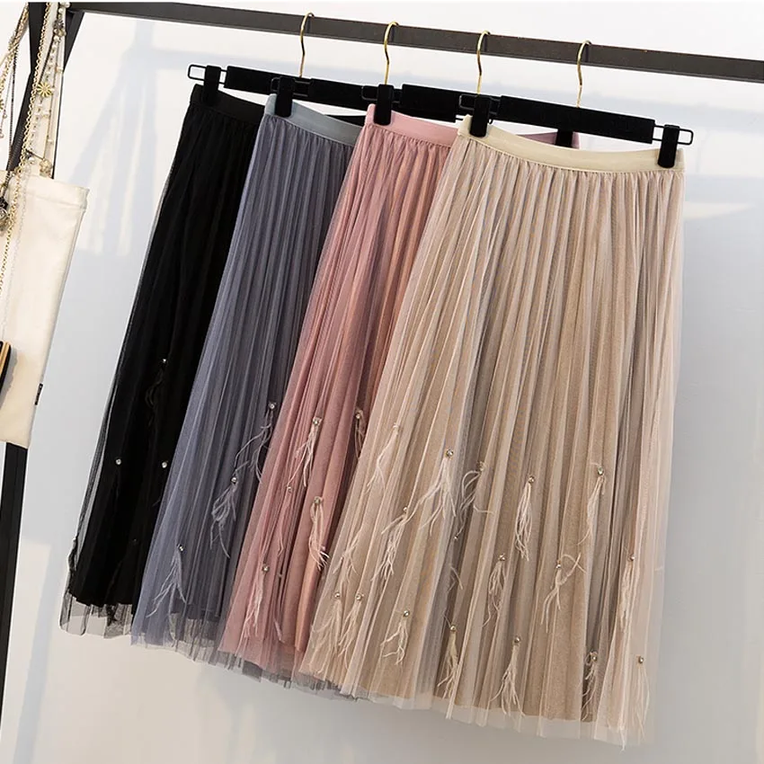 Качественная бархатная сетчатая юбка на весну-зиму женская пуховая вставка с высокой талией плиссированная юбка 3 слоя модная черная юбка