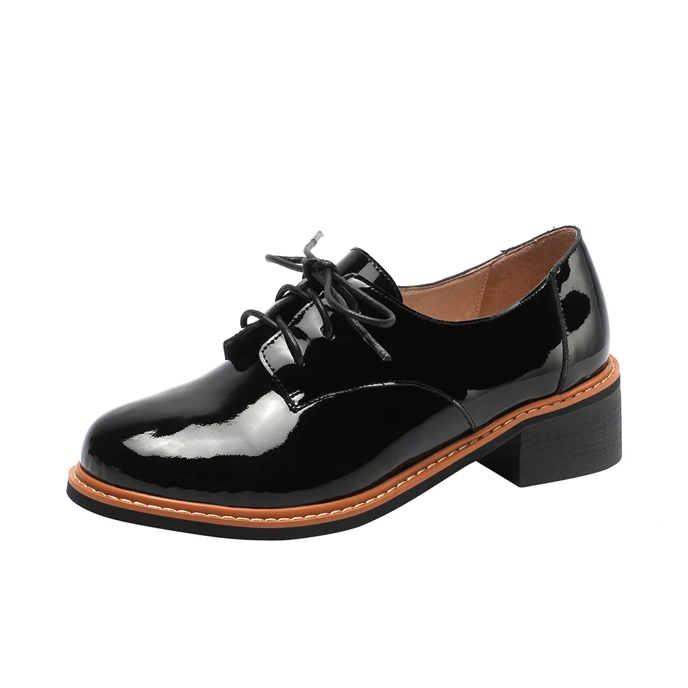 Женские туфли-оксфорды из натуральной кожи; сезон весна-осень; женская обувь на шнуровке с круглым носком; роскошная дизайнерская обувь для женщин на плоской подошве - Цвет: Black
