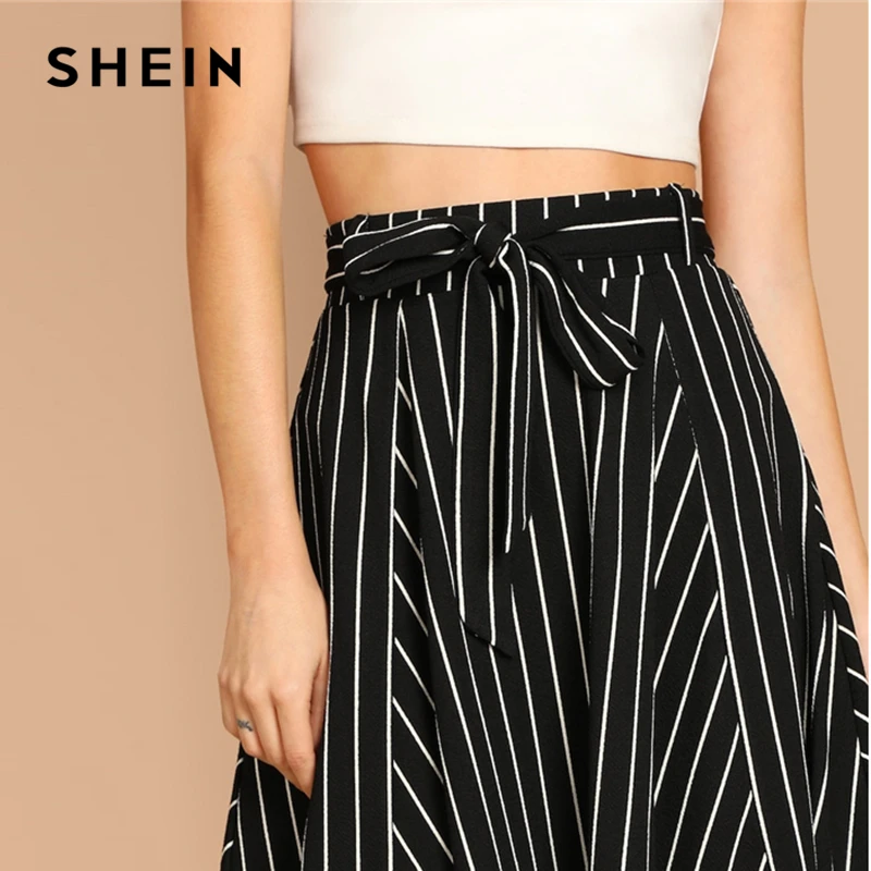 SHEIN Юбка В Полоску С Высокой Талией Женская Черная Летняя Богемная Миди