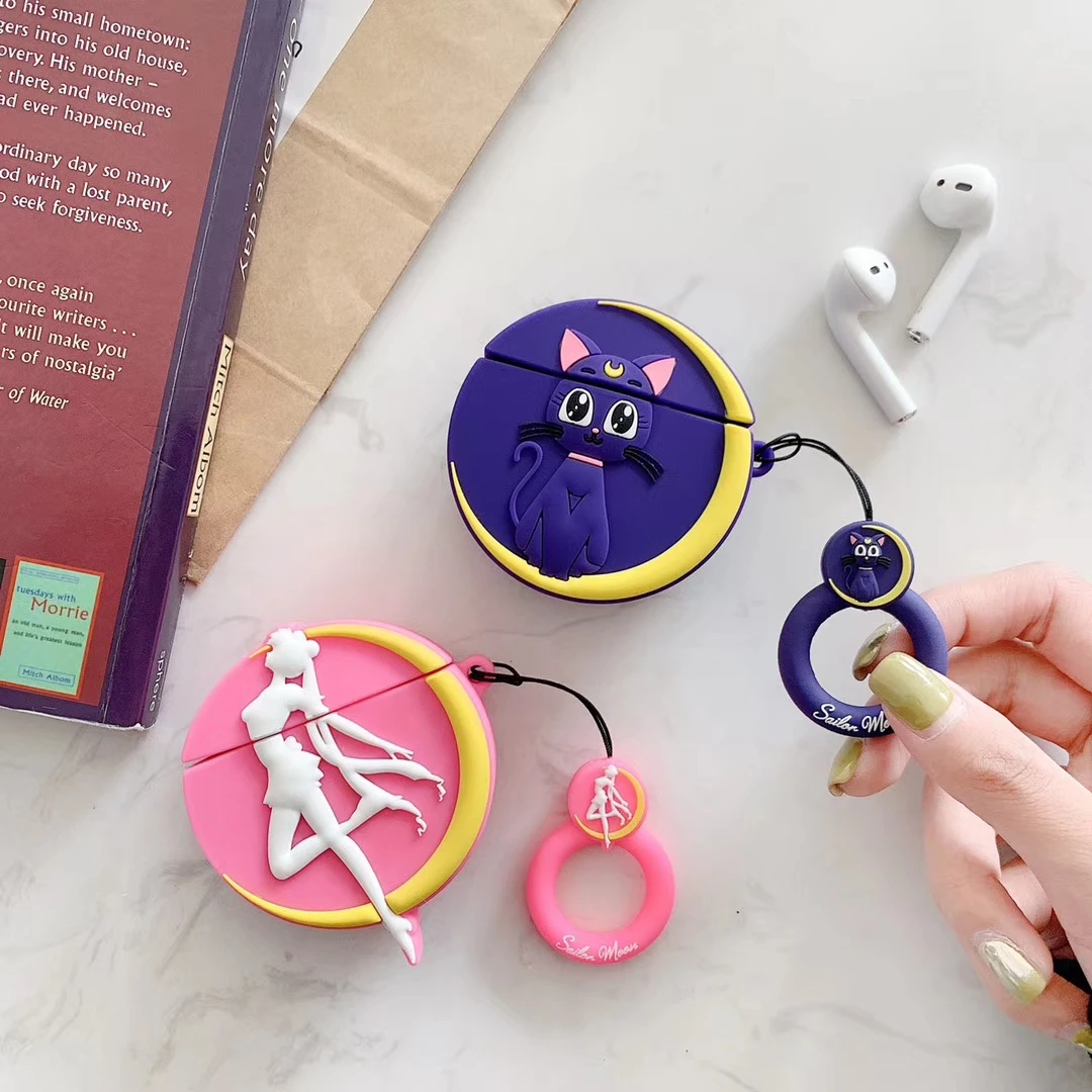 

For AirPods Cases Sailor Moon Luminous Luna Cat Bluetooth Wireless Headphones Charger Box Cover for Apple Airpods 2 Finger Strap