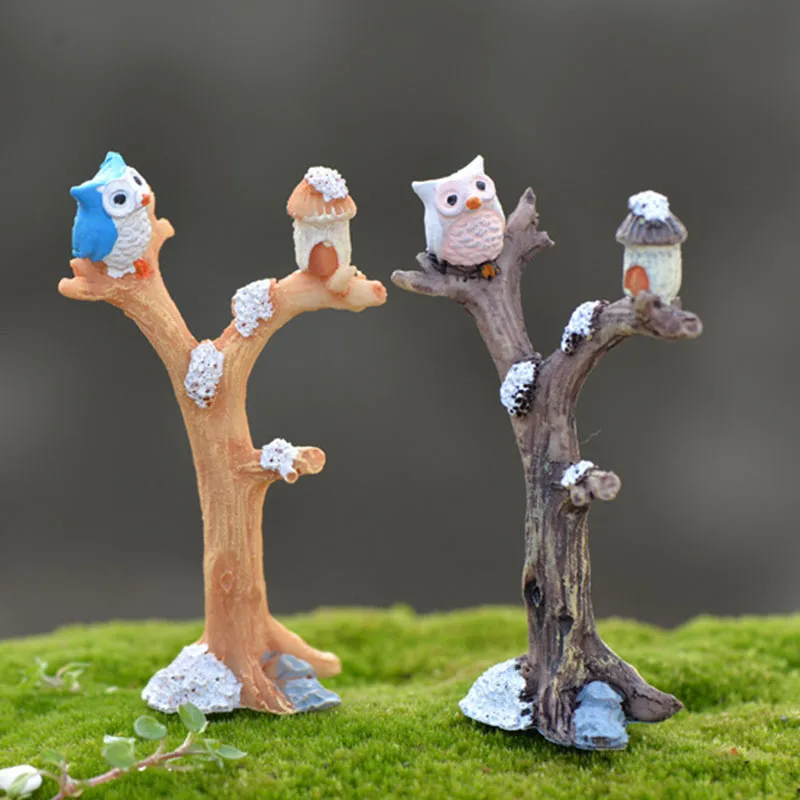 Artificial Owl With Tree Figurines Miniatures Birds Ornament Fairy Garden Gnome Statue Resin Crafts Landscape Home Decorations3