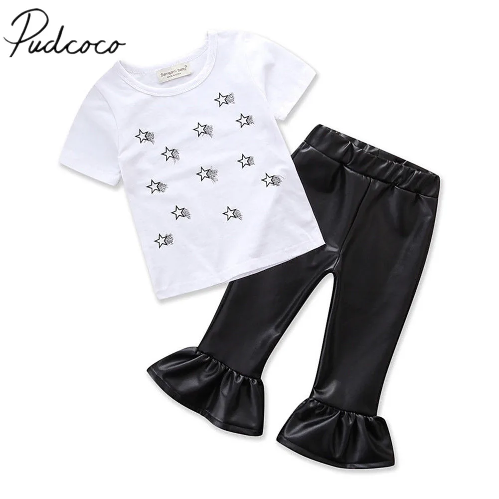

2020 Brand New Cute Toddler Infant Child Kids Baby Girls Tops T shirt PU Leather Flare Leg Pants 2pcs Outfits Fashion Set 1-7T
