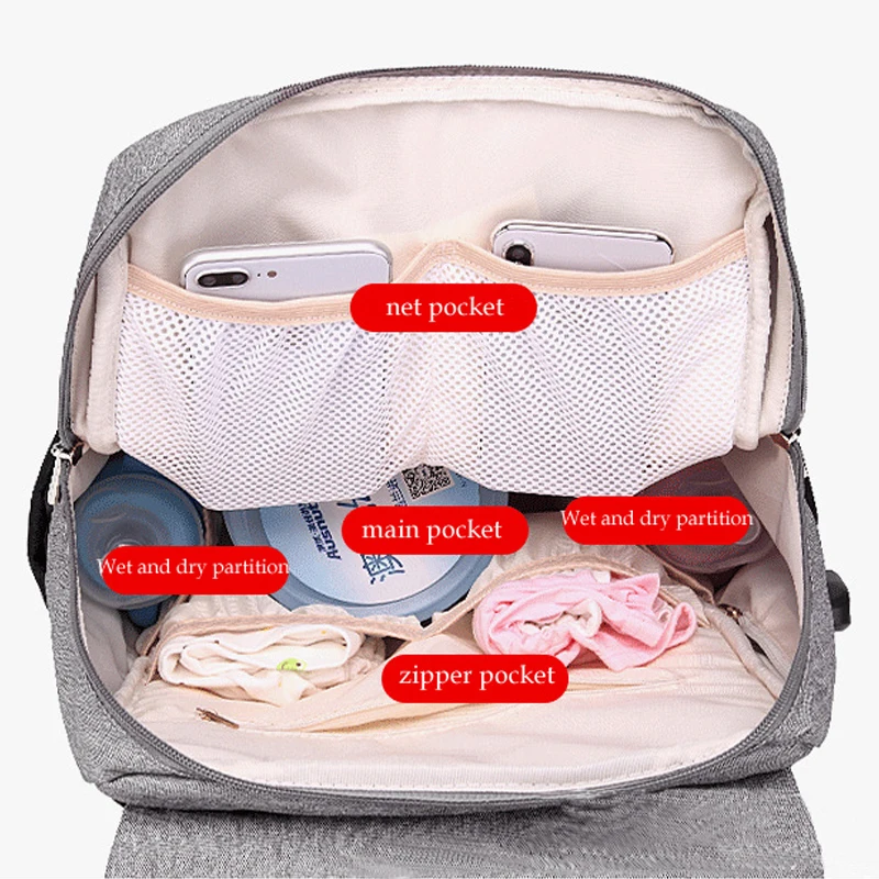  Pañal de maternidad pañal bolsa para cuidado del bebé para mamá cochecito bolsa USB impermeable via