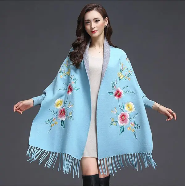 light blue Женский шарф негабаритных зимних шарфов шаль с вышивкой толстые теплые кисточки хлопок пончо из составной шерсти цветочный женский шарф накидка - Цвет: light blue