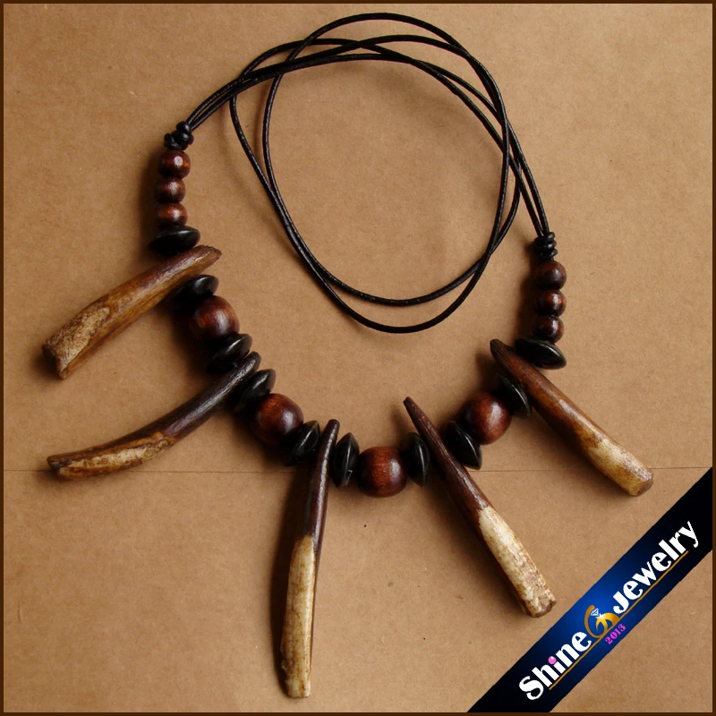 Тибетский племенной ювелирные изделия натуральные длинные зубы деревянные бусины кожаное ожерелье