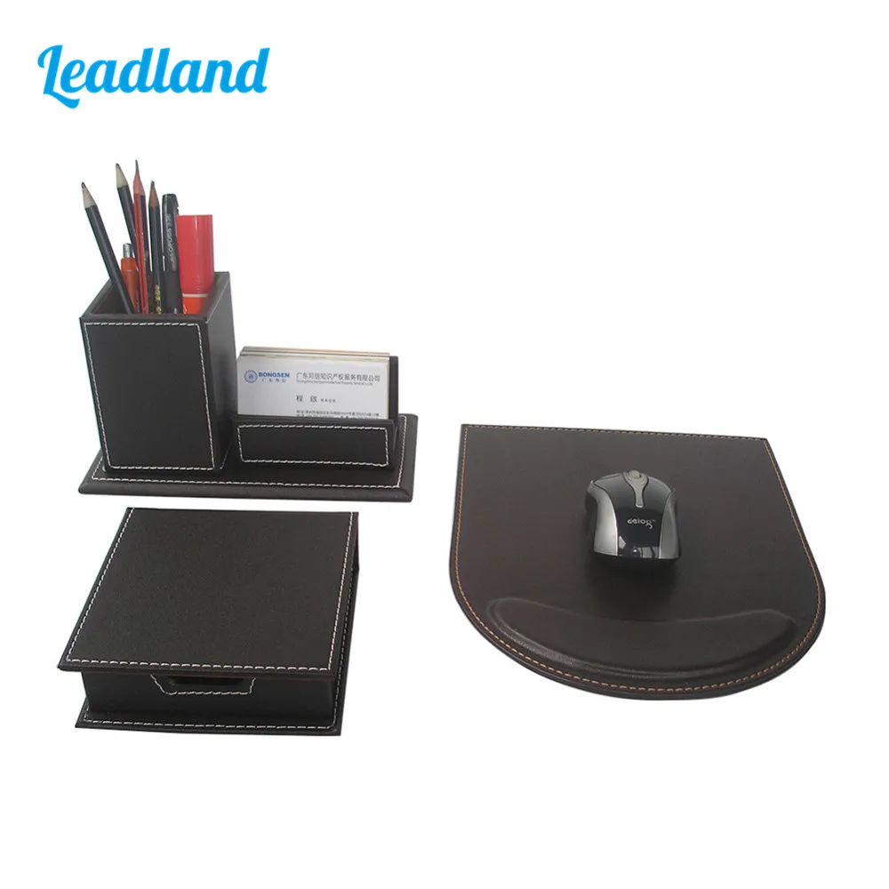 3pcs/set Modern Upscale PU Leather Office Supplies Sets, Pen Holder Card Stand, Memo case Mouse Pad Desk Organizer