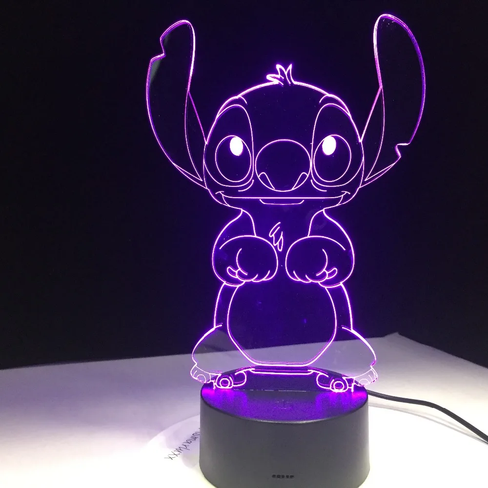  Stitch Cartoon 3D Lamp Bedroom Table Night Light Acrylic Panel USB Cable 7 Colors Change Touch Base