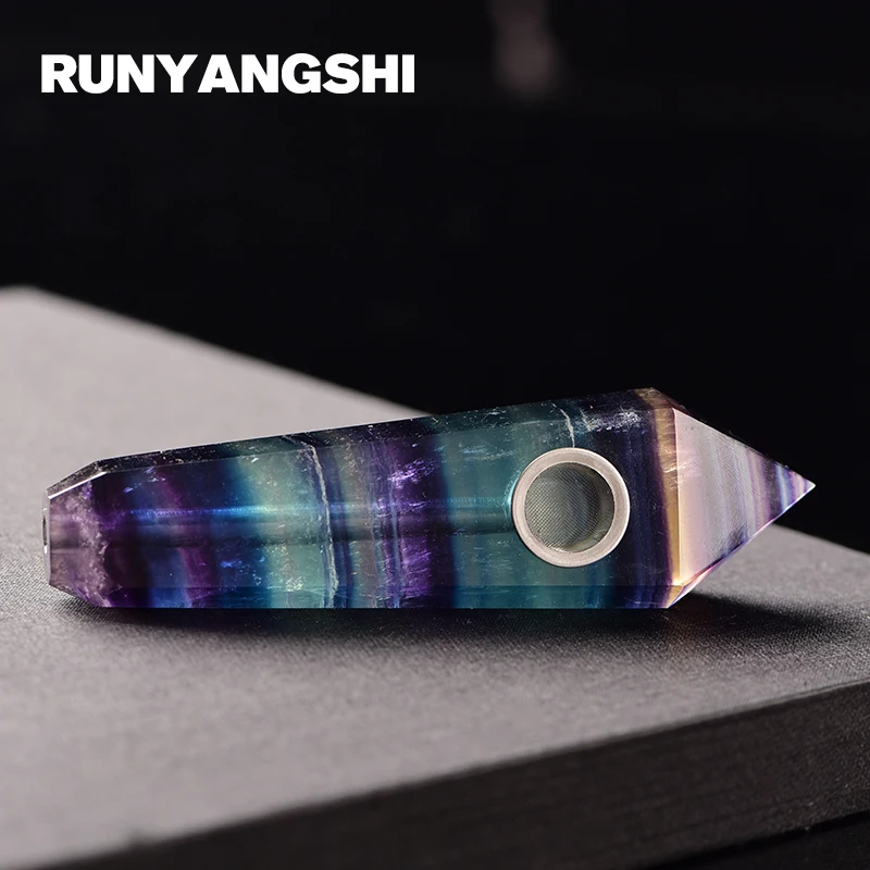 

Colorful Fluorite Smoking Pipe with Strainer Stripe Healing Wand 1 Pc Smoke Pipe High Quality Runyangshi YQ01