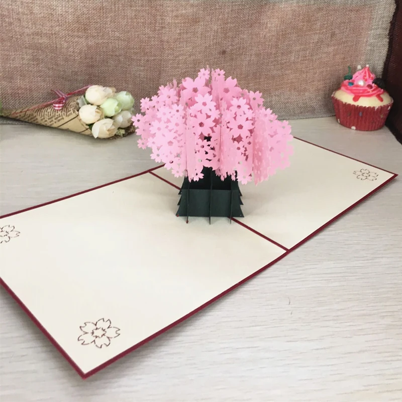 1pcs Laser Cut Kirigami 3D Pop UP Greeting & Gift Cards Gorgeous Cherry Blossoms Handmade Creative Thank You Cards Teachers' Day (3)