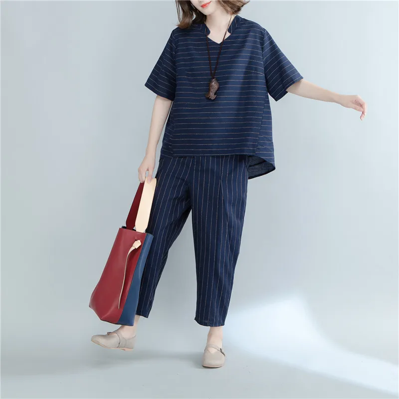 

Pengpious women suits summer short sleeve high-low blouses+striped cotton linen trousers twinset female plus size clothes set