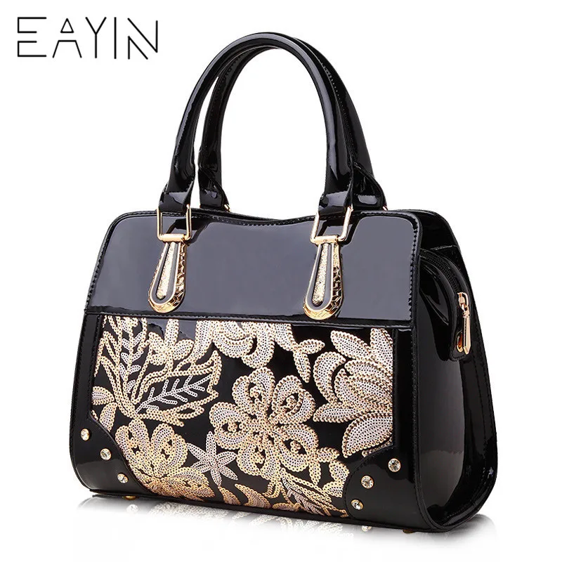 EAYIN Luxury Designer Black Leather Tote Bag Handbags Sequin Flower Women Famous Brand Lady's Lacquered Handbag Bags For Women