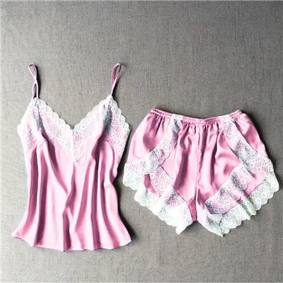 Новая Пижама женская пижама Сексуальная атласная пижама набор белая кружевная с v-образным вырезом Пижама без рукавов милый топ на бретельках и шорты Femme - Цвет: Pink
