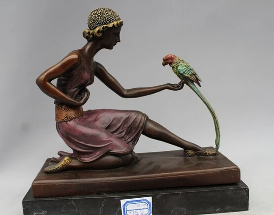

10"Western Art sculpture Bronze Marble Women Bell Parrot Bird Statue