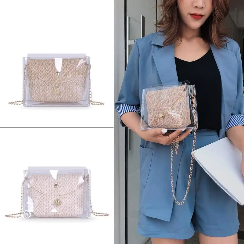 2pcs/set Handbag Transparent Women Hand Bags Chain Straw bag Lady Travel Beach Shoulder Cross Body Bag Holiday