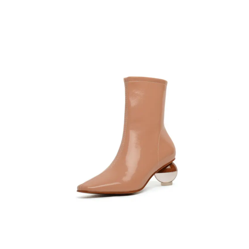 QUTAA/ г. Женские полусапожки на молнии модная зимняя обувь на необычном среднем каблуке Универсальные женские ботильоны из искусственной кожи размеры 34-43 - Цвет: Apricot