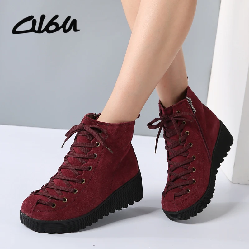 

O16U Women Snow Ankle Motorcycle Boots Shoes Genuine Leather Lace Up ZIP Platform Wedge Ladies fur Boots Female Winter shoes