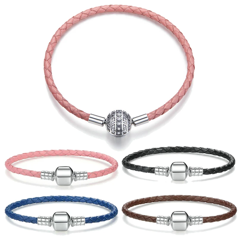 

Genuine Long Double Pink Black Braided Leather Chain Women Bracelets with 925 Sterling Silver Snake Clasp